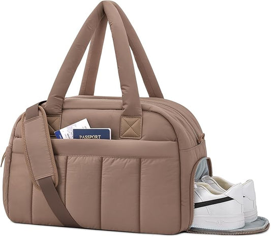 oscaurt Gym Bag for Women Puffer Duffle Bag for Travel Water Resistant Carry On Weekender Overnight Duffel Dance Bag with Shoe Compartment