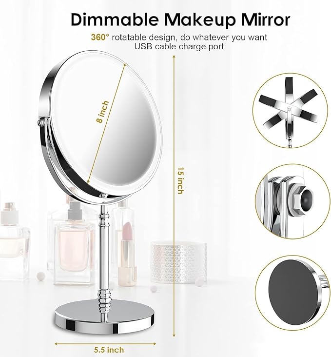 DEIOVWXS Makeup Mirror, 3000mAh Rechargeable Double-Sided Magnifying Vanity Mirror with 3 Colors, 1X/10X, 360° Rotation, Adjustable Brightness, Gifts for Mom, Women,Wife, Girls, Dorm Room Essential