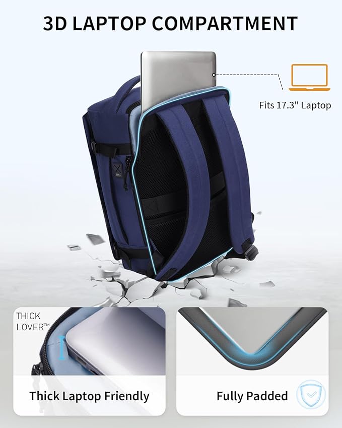 ECOHUB 40L Carry-On Travel Backpack, TSA-Friendly, Anti-Theft Water-Resistant Lightweight with 17.3″ Laptop Compartment, Durable PFAS-Free Rucksack, Blue