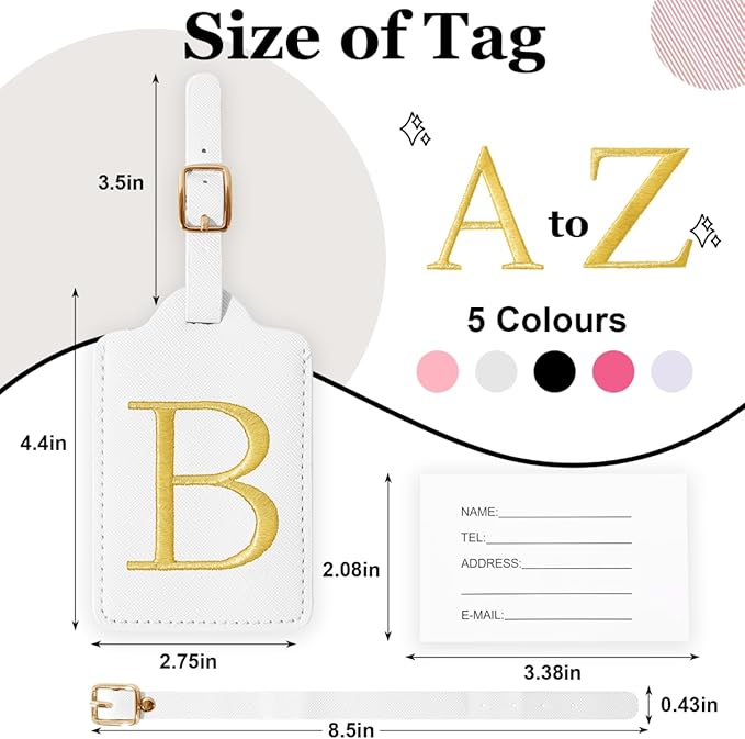Personalized Initial Luggage Tags for Suitcases,Leather Letter Cute Luggage Tags with Privacy Name Card,Embroidered Monogrammed Travel Bag Backpack Tag Gifts for Women Kids Girls Teens(White-B)