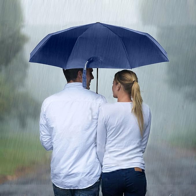 TradMall Travel Umbrella Windproof with 46 Inches Large Canopy 10 Reinforced Fiberglass Ribs Ergonomic Handle Auto Open & Close, Navy Blue