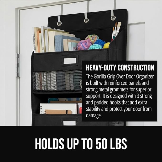 GORILLA GRIP Over The Door Organizer Storage, 5 Deep Hanging Shelves, Holds 50lbs, Closet Organizers Shelf for Bedroom, Shoes, Bathroom, Nursery, Dorm Essentials, 3 Metal Hooks, 58x15 Inches, Black
