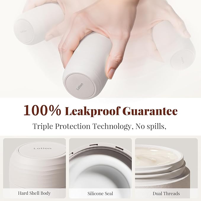New Travel Toiletry Containers [Ultra Leakproof] TSA-Approved, PLA Hard Shell Jars with 5 Magnetic Labels, Wide Mouth Bottles for Lotion, Cleanser, Shampoo, Conditioner, Beige, 3 Pack, 2OZ