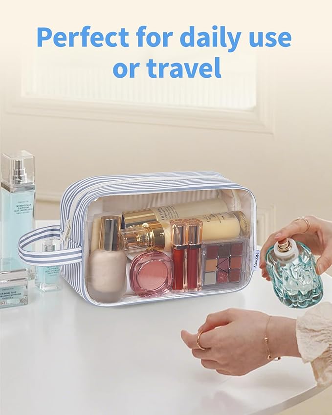 Narwey Clear Toiletry Bags for Traveling Women Men, Clear Travel Bags for Toiletries Makeup Bag Cosmetic Bag with Zipper, Make Up Organizer, Skincare Bag (Greyish Blue Stripe)
