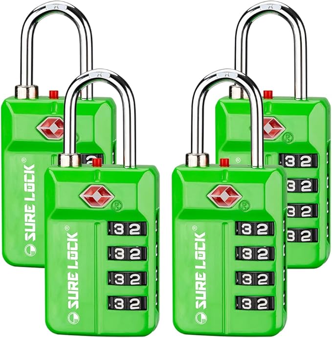 SURE LOCK TSA Approved 4-Digit Resettable Combination Luggage Locks with Open Alert, Easy-Read Dials - for Luggage, School Lockers, Gym, Office, Toolbox & Security Cases(Green 4 Pack)