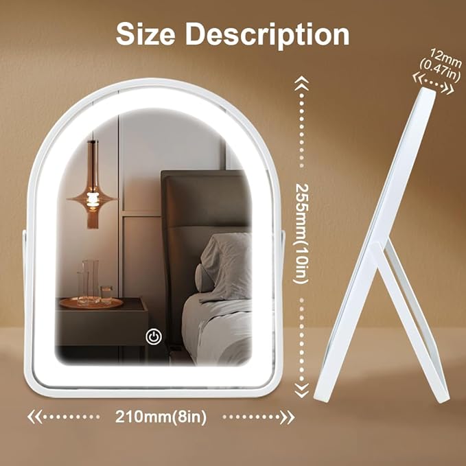 YEKKOPT Rechargeable Vanity Mirror with Lights,10"×7.8" Arched LED Makeup Mirror with Lights, Smart Touch Control Dimmable 3 Modes Light up Mirror for Dorm Desk Dressing Room,Gift for Women