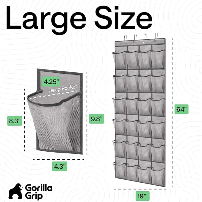 GORILLA GRIP Over the Door Shoe Organizer, 2 Pack, 24 Breathable Mesh Pockets, Space Saving Hanging Storage Holder, Closet Rack Hanger Holds Up to 40 lbs, Hangs on Closets, Shoes, Accessories, Grey