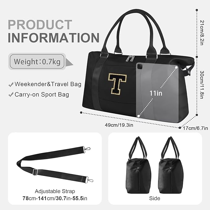 Dance Gym Duffel Bag for Teen Girls, Personalized Initial Travel Weekender Bag,Cute Overnight Carry On Duffle for Women,Sports Travel Cheer Bag,Monogram Christmas Gifts for Tween Preppy(black-T)