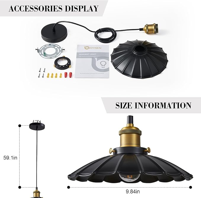 2Pack Black Pendant Light, 9.8 Inch Retro Hanging Lamp for Bedroom, Glossy Hanging Kitchen Lights Living Room 6.5Ft Height Adjustable Indoor Pleated Pendant Light