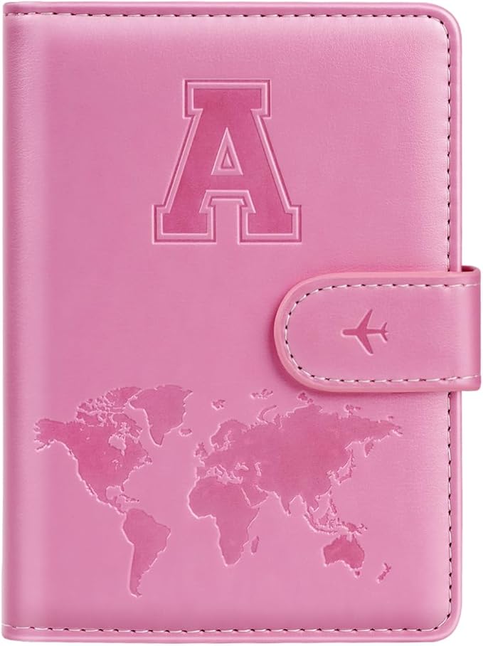 Passport Holder Cover Initail Letter A-Z Travel Wallet 3D Embossed Design RFID Blocking Card Holder Personalized Gift Passport Cover Wallet, Passport Book Holders for Women and Girls, Pink-A