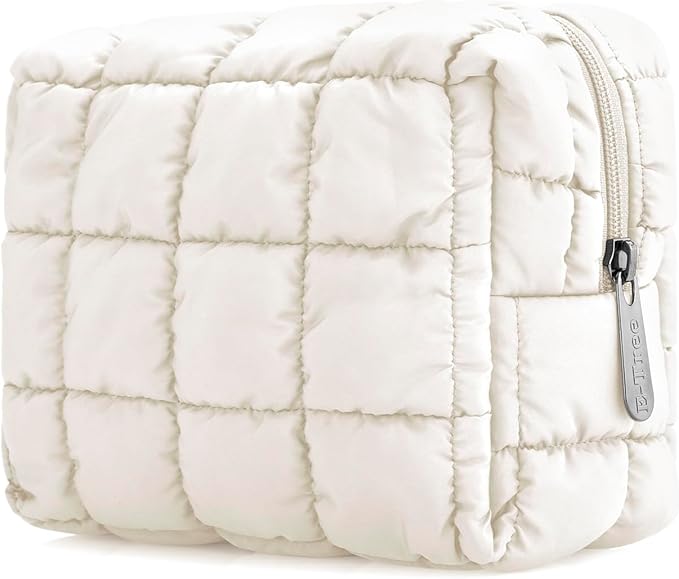 E-Tree Cute Makeup Bag,Quilted Cosmetic Bag,Make up Pouch for Purse,Toiletry Zipper Pouch,Checkered Bag,Travel Case,Storage Pouches for Organization (White)