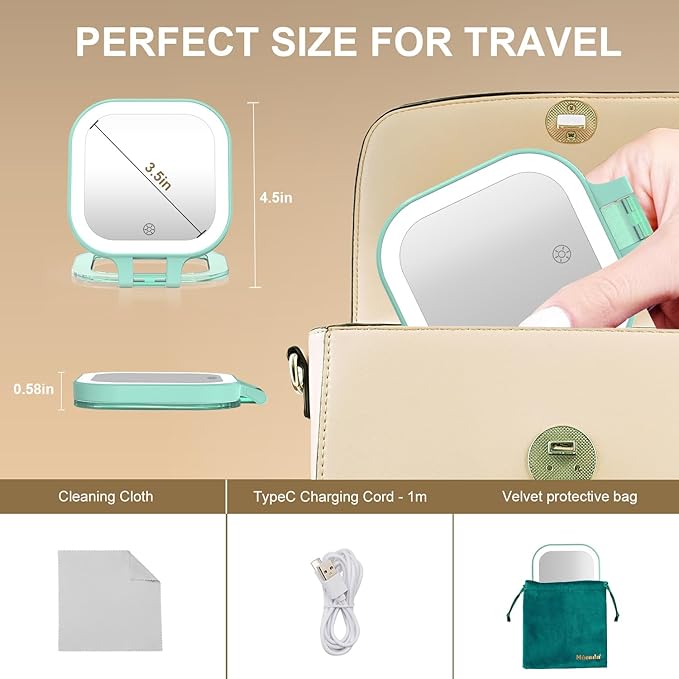 Mocado Compact Travel Makeup Mirror, 1X/30X Magnifying Mirror with Light, Double Sides Compact Mirror with 3 Color Light, Dimmable Handheld Mirror, Rechargeable Travel for Purse,Pocket(Green)