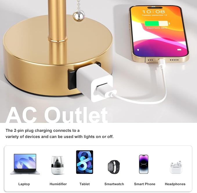 Gold Bedside Table Lamps Set of 2 - Bedroom Lamp for Desk, AC Outlet | 3CCT(3000K/4000K/5000K), LED Bulbs Included, White Fabric Lampshade, 14in Small Lamp for Nightstand, Guest Room, Living Room