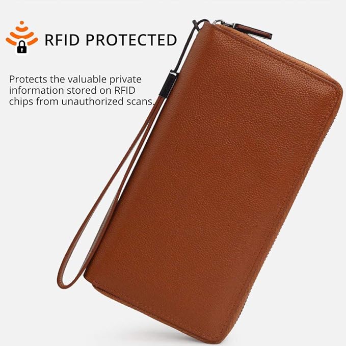Bveyzi Women RFID Blocking Wallet Leather Zip Around Phone Clutch Large Capacity Ladies Travel Purse Wristlet | RFID Blocking, Zip Around, Large Capacity