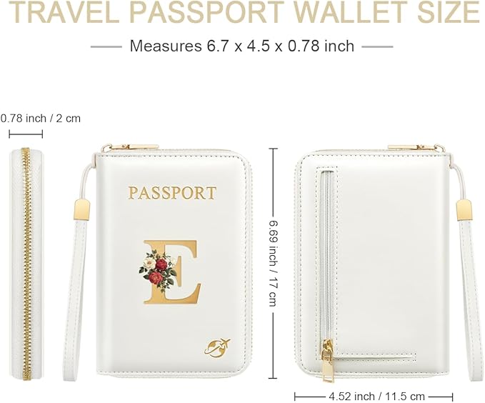 Passport Holder for Travel Personalized Passport Holder Initial Letter Rose Flower RFID Blocking Travel Wallets Credit Cards Holder for Women Men, White E