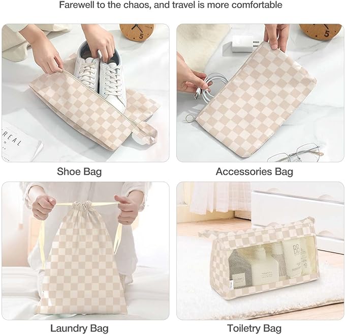 8 Set Packing Cubes for Suitcases,Packing Cube with Shoe, Cosmetics, Clothing, and Accessories Bags Packing Cubes for Travel Luggage Organizer Women Men(Khaki Grid-A)
