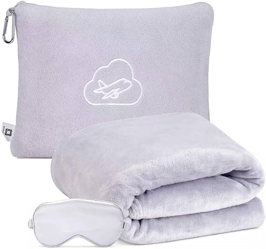Travel Blanket, Airplane Blanket, Ultra-Soft, Warm & Lightweight, 65x40 in, Outdoor Blanket Essentials for Women, Men & Kids, Included Eye Mask, Luggage Sleeve & Backpack Clip Grey