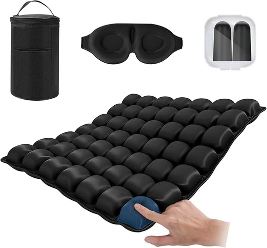 Portable Inflatable Seat Cushion, Airplane Travel Cushion Kit with Storage Pouch, Eye Mask & Earplugs, Fits Airplane Seat/Car/Office/Chairs (49 Air Cells)