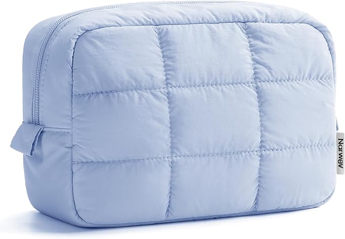 Narwey Quilted Makeup Bag for Women Girl, Puffer Travel Cosmetic Bag Puffy Make Up Bag Organizer, Cute Travel Toiletry Bag for Toiletries (Blue)