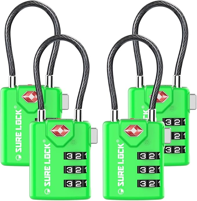 SURE LOCK TSA Approved Combination Luggage Locks with Open Alert Indicator – Durable Zinc Alloy Cable Travel Locks with Large Easy-Read Dials for Suitcases, Backpacks & Gym Bags（Green 4 Pack）