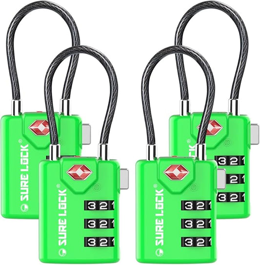 SURE LOCK TSA Approved Combination Luggage Locks with Open Alert Indicator – Durable Zinc Alloy Cable Travel Locks with Large Easy-Read Dials for Suitcases, Backpacks & Gym Bags（Green 4 Pack）