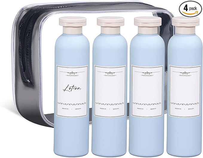 ASEVAT 8.8 oz Plastic Travel Refillable Shampoo Bottles, Empty Squeeze Bottles with Flip Cap, Travel Containers for Shampoo, Conditioner, Lotion, Cream and Liquids (4 Pcs)