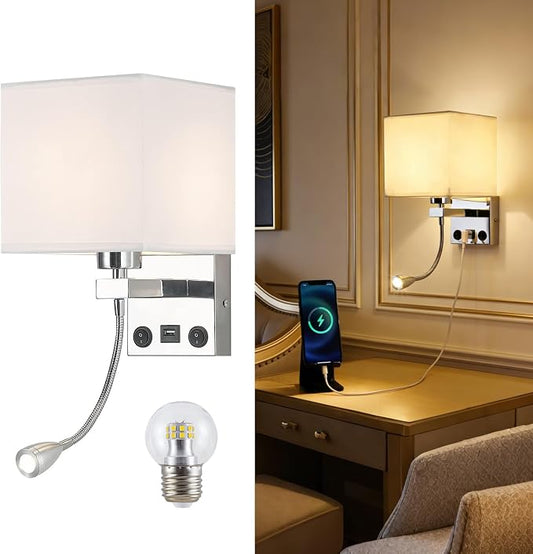 Sconces Wall Lighting Hardwired Modern Wall Lights for Bedroom with USB Port and Reading Lamp, Bedside Wall Lamps for Hotel, Living Room, Office (Silver)