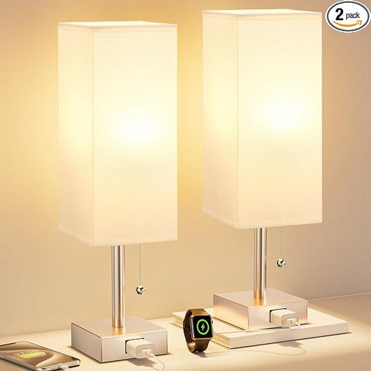 Bedside Lamp for Bedroom Set of 2 - Gold Table Lamp for Nightstand | AC Outlet, 3 Color Temperatures, LED Bulb Included, Pull Chain Design, 14" Rectangular Desk Lamp for Dorm/Office, 2-Pack