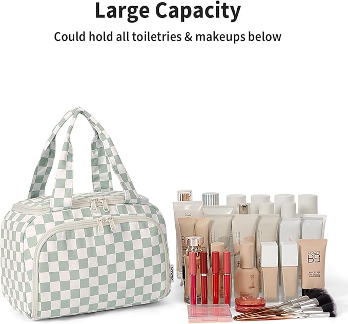 Narwey Checkered Travel Toiletry Bag for Women Large Makeup Bag, Wide-open Cosmetic Make Up Organizer with Handle, Travel Bag for Toiletries, Essentials, Accessories (Mint Green Checkerboard)