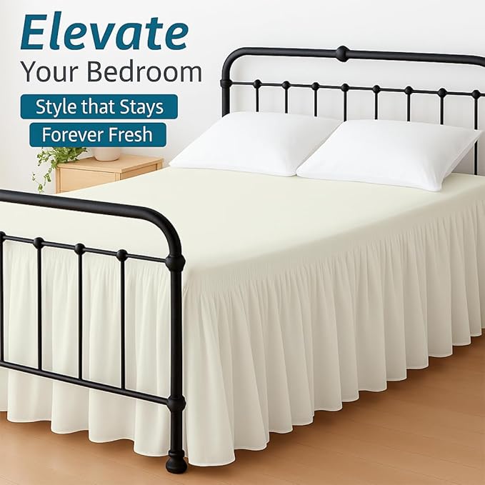 Shreem Linen Ruffled Bed Skirt with Split Corners, Gathered Style, 100% Microfiber, 18-Inch Drop, Dust Ruffle Bedskirt with Platform, Full, Ivory