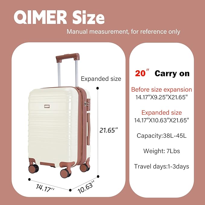 Carry on Luggage, 20Inch Expandable Luggage Airline Approved Hard Shell PC Suitcases with Wheels 22x14x9 TSA Lock Durable Zipper Lightweight Travel for Men and Women, Beige