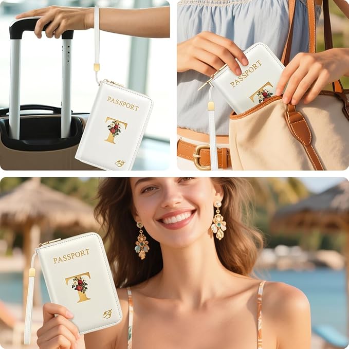 Passport Holder for Travel Personalized Passport Holder Initial Letter Rose Flower RFID Blocking Travel Wallets Credit Cards Holder for Women Men, White T