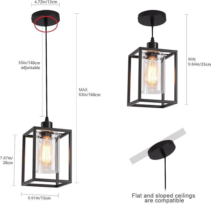 3 Pack Black Pendant Lights for Kitchen Island Industrial Lantern Pendant Light Fixtures with Clear Glass Shade, Farmhouse Adjustable Height Hanging Pendant Lighting for Dining Room