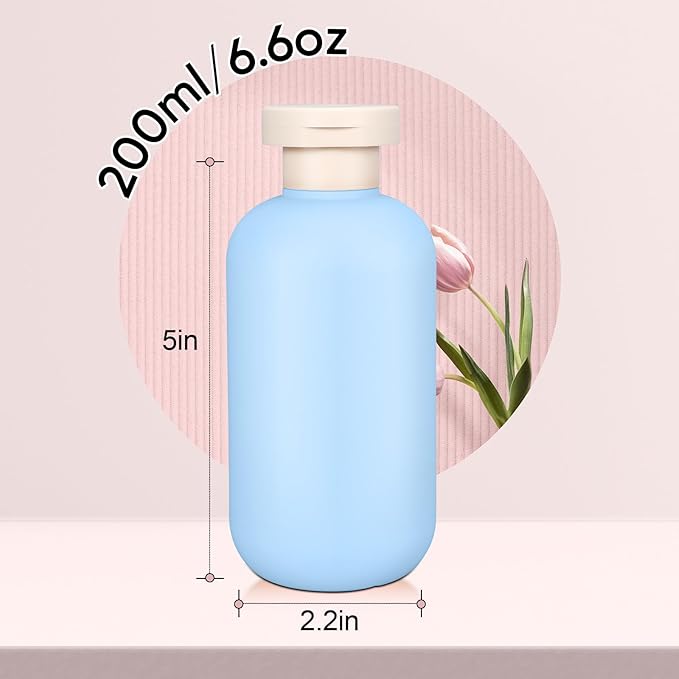 DEMORA 6.6oz Travel Bottles for Toiletries, Larger Plastic Travel Squeeze Bottles Leak Proof Refillable Toiletry Containers with Flip Caps and Labels for Shampoo Conditioner Lotion (Blue, 4 Pcs)