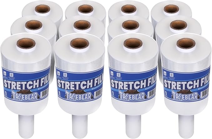 TAPEBEAR 12Rolls Stretch Wrap Film 4" x 1000Ft Shrink Wrap Roll with Handle, 60 Gauge Thick Durable Self-Adhering Clear Plastic Wrap Industrial Strength Pallet Shrink for Moving, Packing