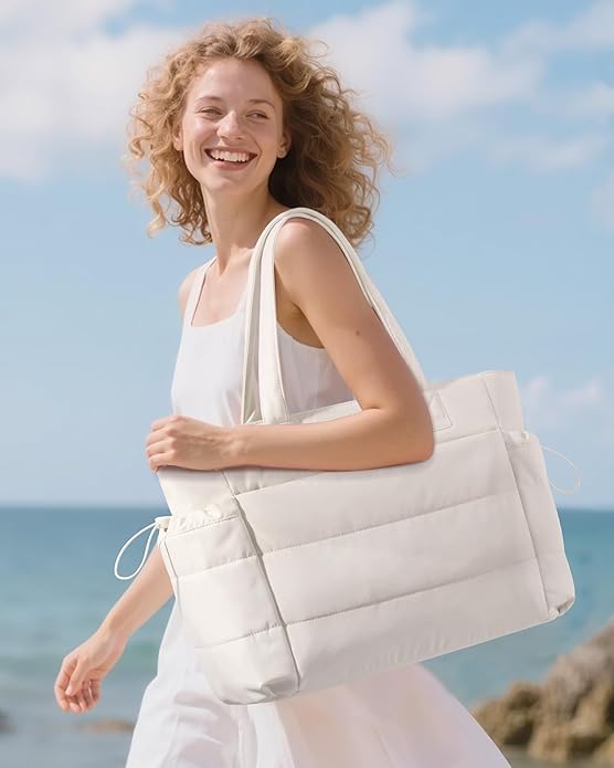 LOVEVOOK Tote Bag for Women with Giant Tumbler Holder Pocket, Puffer Work Travel Laptop Handbag with Zipper for Nurse Teacher