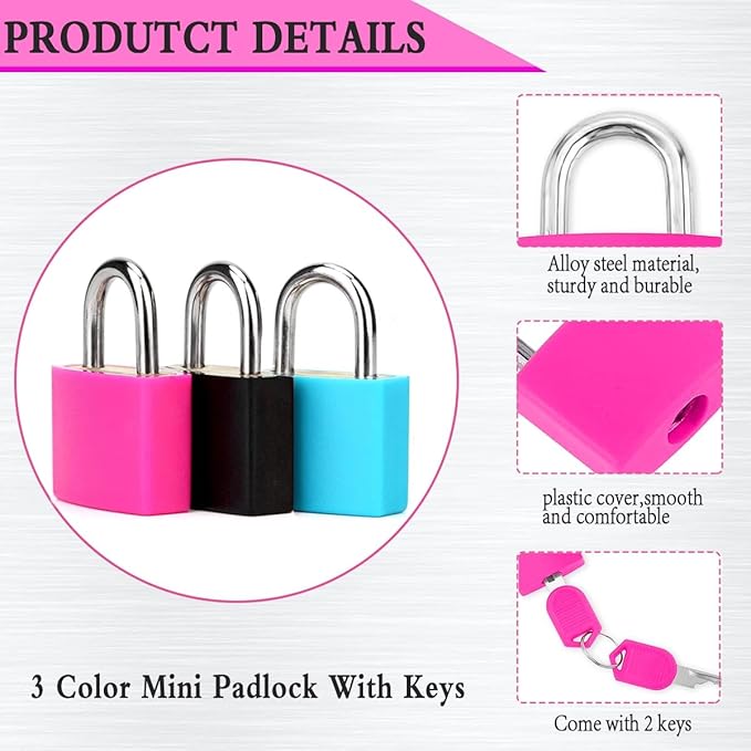 3 Pcs Small Locks with Keys,Multicolor Mini Key Locks, Plastic-Covered Copper Keyed Padlock for Luggage, Backpack, Gym Locker, Suitcase, Boxes