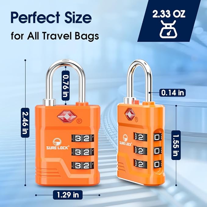 SURE LOCK TSA Approved Luggage Lock – 3-Digit Resettable Combination Padlock with Open Alert Red Dot, Large Easy-Read Dials for Suitcases, Backpacks, Gym & School Lockers (Orange 2 pk)