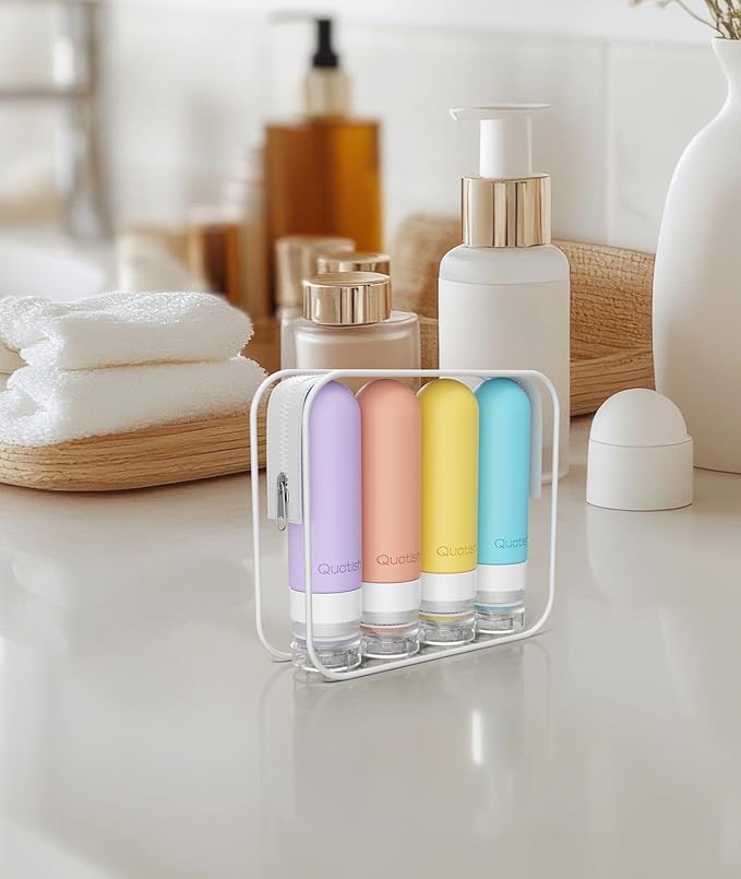 Quatish Travel Bottles for Toiletries, Original Patented Leak Proof Travel Size Containers, 3 oz Tsa Approved Silicone Shampoo and Conditioner Bottles, 4 Pack, Multi-ColorA
