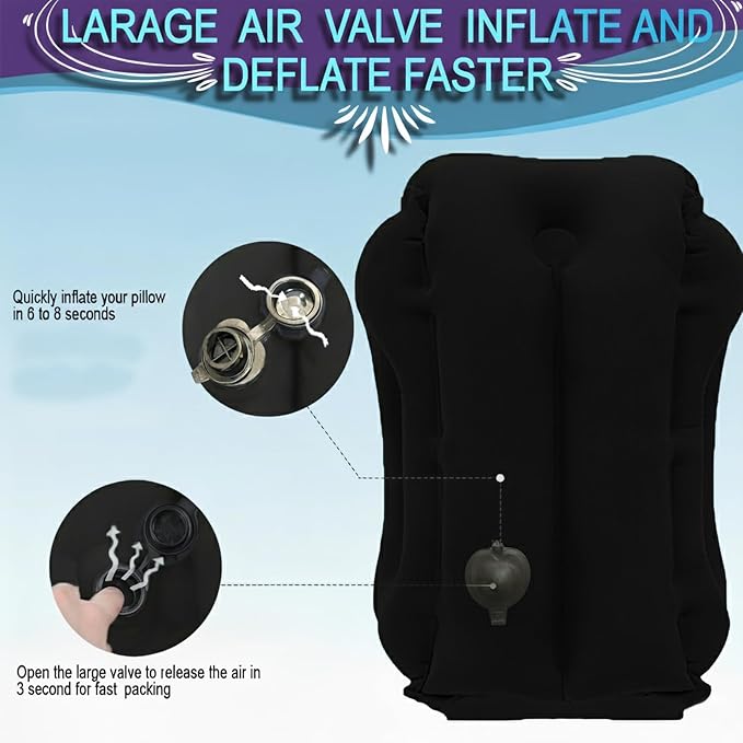 Inflatable Travel Pillows for Airplanes, Blow Up Travel Pillow for Train Office Car with Chin and Neck Support, Inflatable Travel Pillow for Sleep Support with Eye Mask,Storage Bag & Earplugs (Black)