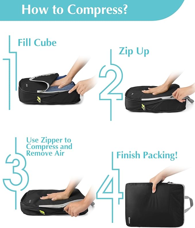 Gonex Compression Packing Cubes, 5pcs Expandable Storage Travel Luggage Bags Organizers with Laundry Bag (Black)