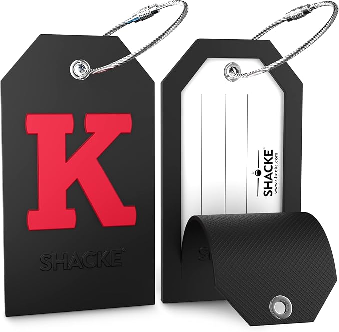 Shacke Large Luggage Tag Initial with Full Privacy Cover and Stainless Steel Loop - Black (Letter K)