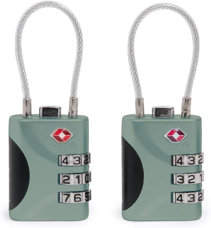 Brookstone Cable Lock - 2 Pack TSA-Approved 3-Digit Keyless Luggage Travel Lock - Resettable Combination Wire Padlock, Vintage Green