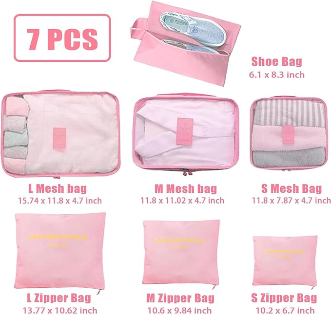 INVODA 7 piece Multi-size Packing Cubes for Travel Suitcase Organizer Bags Lightweight Travel Bags (Pink)