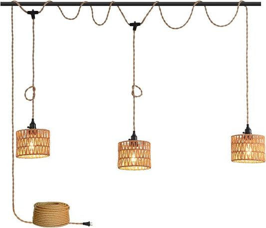 3-Light Hanging Light with Plug in Cord,Plug in Pendant Light 22ft Hemp Rope Pendant Lighting Vintage 3-Light Hanging Lamp Fixtures for Kitchen Island Living Room Bedroom