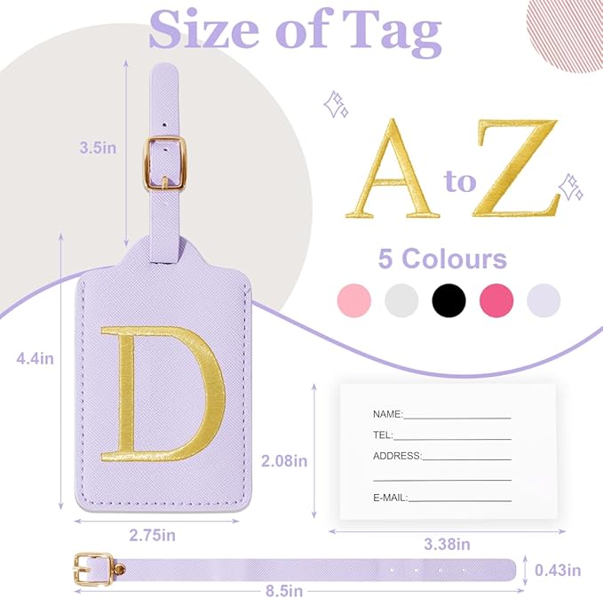 Personalized Initial Luggage Tags for Suitcases,Leather Letter Cute Luggage Tags with Privacy Name Card,Embroidered Monogrammed Travel Bag Backpack Tag Gifts for Women Kids Girls Teens(Purple-D)