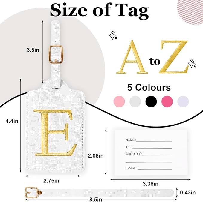 Personalized Initial Luggage Tags for Suitcases,Leather Letter Cute Luggage Tags with Privacy Name Card,Embroidered Monogrammed Travel Bag Backpack Tag Gifts for Women Kids Girls Teens(White-E)