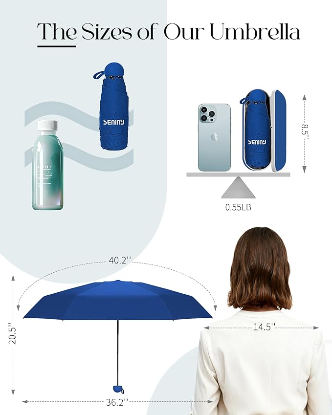 Seniny Mini Portable Travel Umbrella with Case - Compact Umbrellas for Rain & Sun UV Protection for Backpack Pocket, Lightweight Folding Small Umbrella, Tiny Purse Size UV Blocker for Kids Women Girls