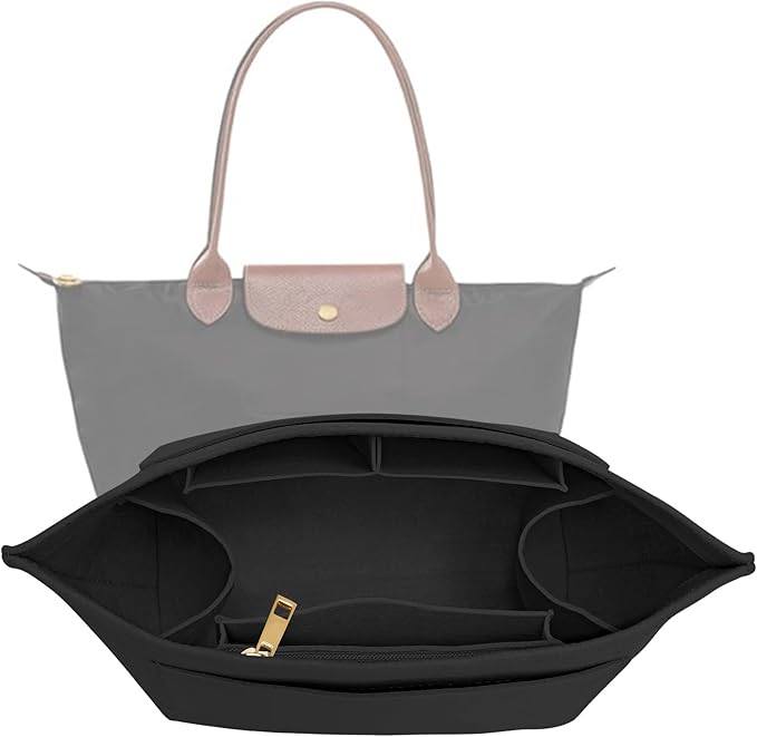LOUKAYCCI Purse Organizer Insert for Longchamp Le Pliage M Handbag Insert Felt Long Champ Tote Bag Organizer Insert with Cup (Black, Medium)