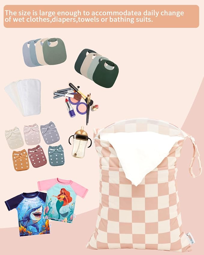 ALVABABY 3 pcs Cloth Diaper Wet Dry Bags Waterproof Reusable with Two Zippered Pockets Travel Beach Pool Daycare Soiled Baby Items Yoga Gym Bag for Swimsuits or Wet Clothes Small Medium Large 3L-SML15